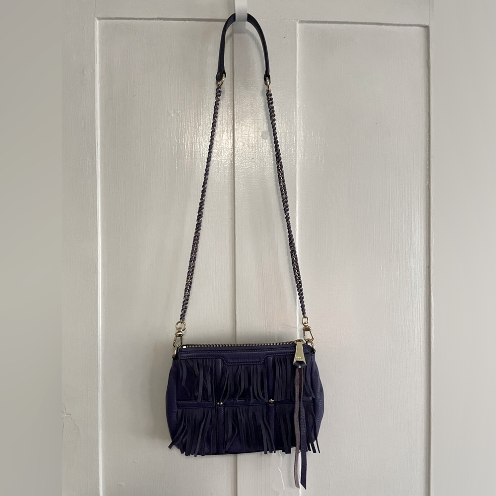 Aimee Kestenberg Leather and Suede Fringe Crossbody Bag, Purple w/ Gold, EUC!